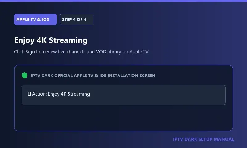 IPTV Dark Apple TV en iOS Setup Step 4 — Stap 4: Geniet van 4K TV op Apple-apparaten IPTV Dark Apple TV en iOS Setup Step 4 — Stap 4: Geniet van 4K TV op Apple-apparaten