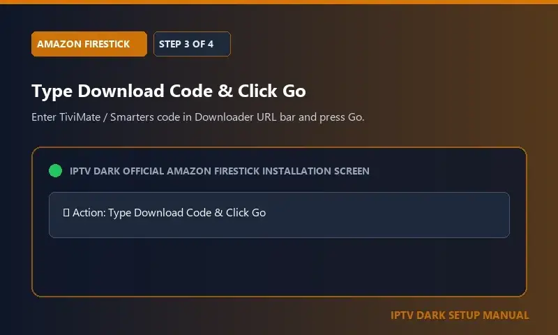 IPTV Dark Amazon Firestick Setup Step 3 — Stap 3: Typ downloadcode en klik op Go IPTV Dark Amazon Firestick Setup Step 3 — Stap 3: Typ downloadcode en klik op Go